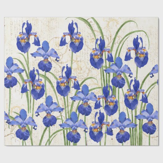 Floral Blue Iris Gold Damask Geschenkpapier (Flach)