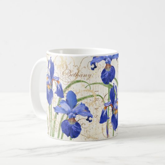 Floral Blue Iris Gold Damask Mononame Kaffeetasse (Vorderseite Links)