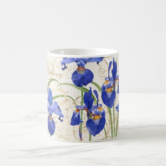 Floral Blue Iris Gold Damask Mononame Kaffeetasse (Mittel)