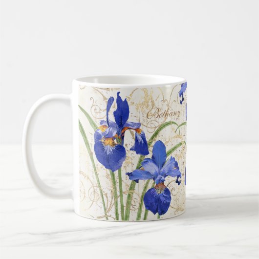 Floral Blue Iris Gold Damask Mononame Kaffeetasse (Links)