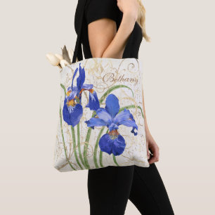 Floral Blue Iris Gold Damask Mononame Tasche