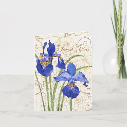 Floral Blue Iris Gold Damask White Dankeskarte (Vorderseite)
