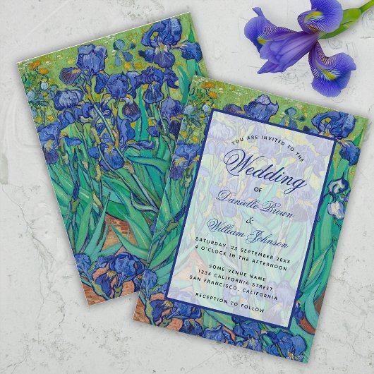 Floral Blue Irises Van Gogh Wedding Calligraphy Einladung