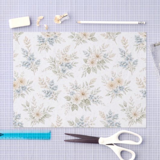 Floral Blue Ivory Meadow Pattern Seidenpapier (Handwerk)