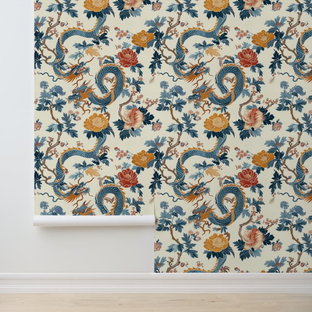 Floral Blue Japanischer Drache Elegant Tapete (Anwendung)