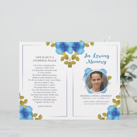 Floral Blue Memorial oder Beerdigung Service Progr (Stehend Vorderseite)