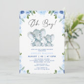 Floral Blue Oh Boy Elephant Baby Dusche Einladung (Stehend Vorderseite)
