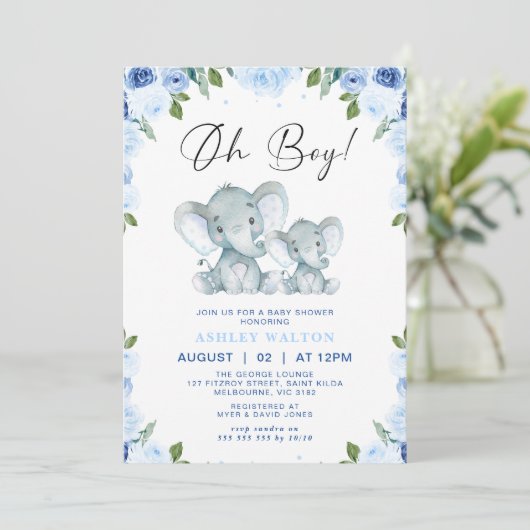 Floral Blue Oh Boy Elephant Baby Dusche Einladung (Stehend Vorderseite)