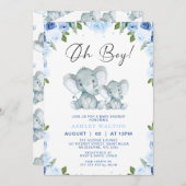 Floral Blue Oh Boy Elephant Baby Dusche Einladung (Vorne/Hinten)