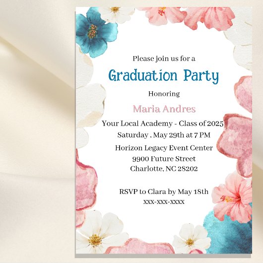 Floral Blue & Pink Graduation Einladung