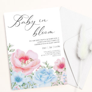 Floral blue pink watercolor gender reveal invite einladung