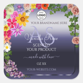 Floral Blue-Produktverpackungsmarken Monogram-Logo Quadratischer Aufkleber