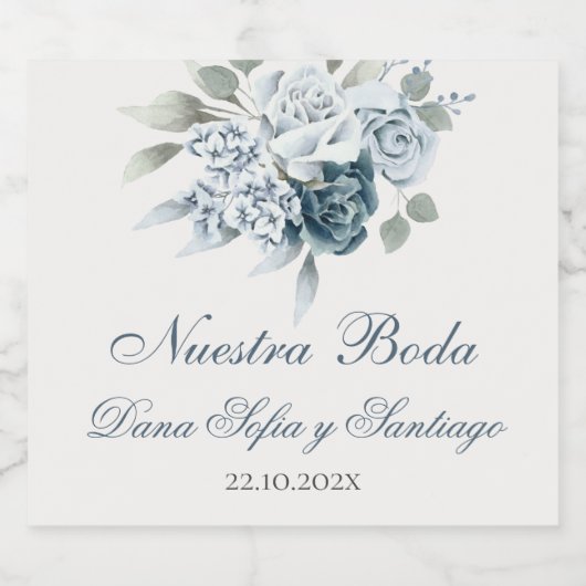 Floral Blue Spanish Wedding Alkoholflaschenetikett (Einzelnes Label)
