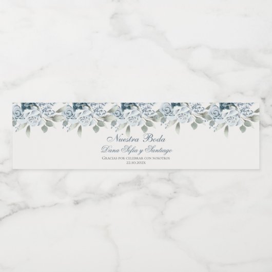 Floral Blue Spanish Wedding Wasserflaschenetikett (Einzelnes Label)