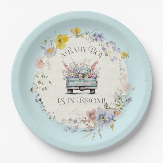 Floral Blue Truck Baby Boy in Bloom Paper Teller (Vorderseite)