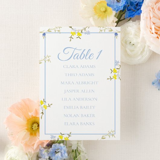Floral Blue & Yellow Wedding Seating Chart Card Tischnummer