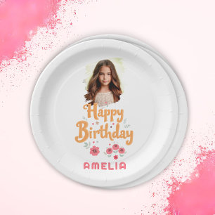 Floral Blume Happy Birthday Handlettering Foto Pappteller