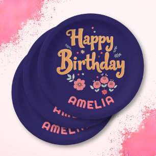Floral Blume Happy Birthday Handschrift Pappteller