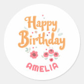 Floral Blume Happy Birthday Handschrift Runder Aufkleber (Vorderseite)