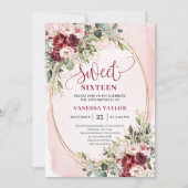 Floral Blush Burgundy Roses Sweet Sixteen Party Einladung (Vorderseite)