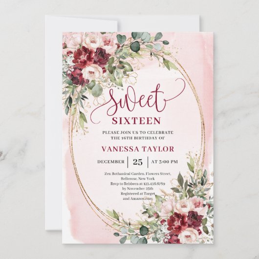 Floral Blush Burgundy Roses Sweet Sixteen Party  Einladung (Vorderseite)
