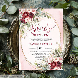 Floral Blush Burgundy Roses Sweet Sixteen Party Einladung
