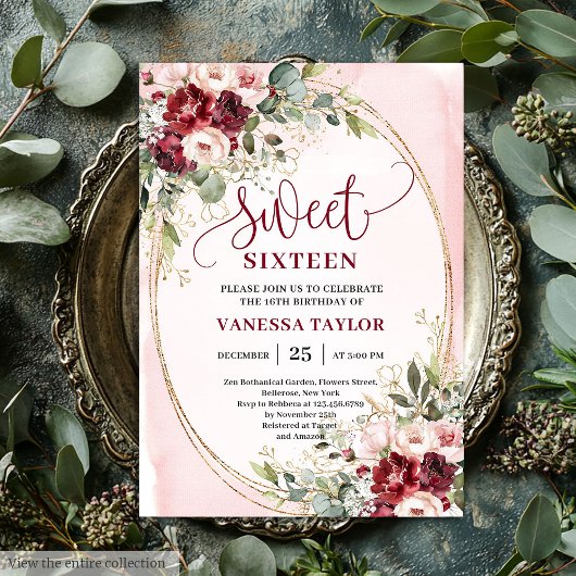 Floral Blush Burgundy Roses Sweet Sixteen Party Einladung