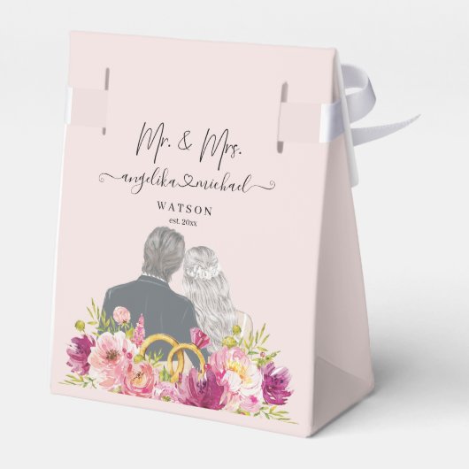 Floral Blush Peonies Trendy Script Mr. and Mrs. Geschenkschachtel (Rückseite)
