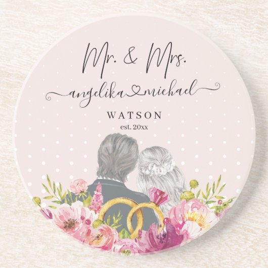 Floral Blush Peonies Trendy Script Mr. and Mrs. Getränkeuntersetzer (Vorne)
