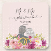 Floral Blush Peonies Trendy Script Mr. and Mrs. Getränkeuntersetzer (Vorderseite)