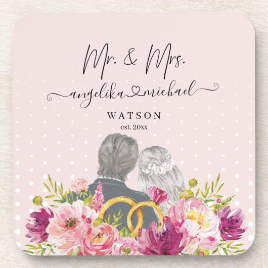 Floral Blush Peonies Trendy Script Mr. and Mrs. Getränkeuntersetzer (Vorderseite)