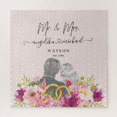Floral Blush Peonies Trendy Script Mr. and Mrs. Puzzle (Vertikal)