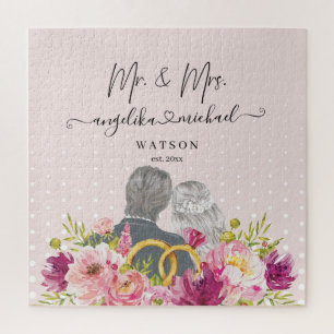 Floral Blush Peonies Trendy Script Mr. and Mrs. Puzzle