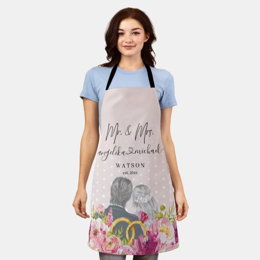 Floral Blush Peonies Trendy Script Mr. and Mrs. Schürze (Getragen)