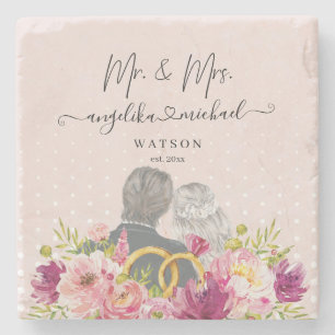 Floral Blush Peonies Trendy Script Mr. and Mrs. Steinuntersetzer