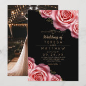 Floral Blush Pink and Black Modern Wedding Einladung (Vorne/Hinten)