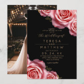 Floral Blush Pink and Black Modern Wedding Einladung (Vorne/Hinten)