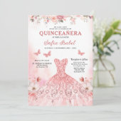 Floral Blush Pink Bilingual Spanish Quinceanera Einladung (Stehend Vorderseite)