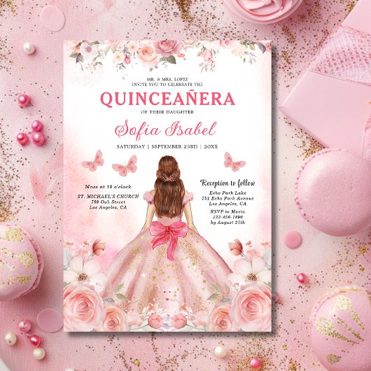 Floral Blush Pink Bilingual Spanish Quinceanera Einladung