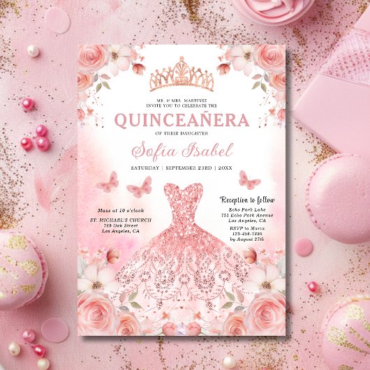 Floral Blush Pink Bilingual Spanish Quinceanera Einladung