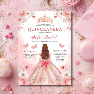 Floral Blush Pink Bilingual Spanish Quinceanera Einladung