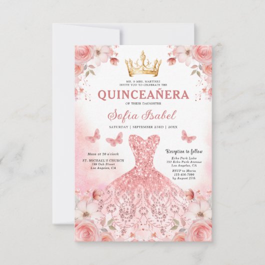 Floral Blush Pink Bilingual Spanish Quinceanera Einladung (Vorderseite)