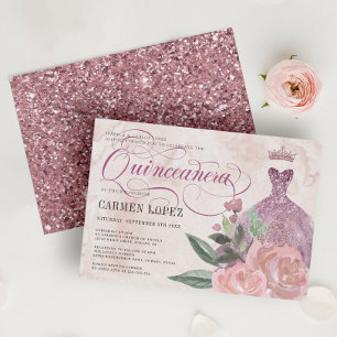 Floral Blush Pink Glitter Prinzessin Quinceanera Einladung