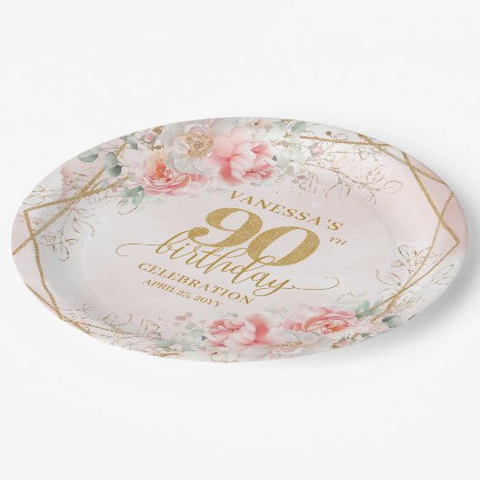 Floral Blush Pink Gold Frame Custom 90th Birthday Pappteller (Schrägansicht)