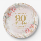 Floral Blush Pink Gold Frame Custom 90th Birthday  Pappteller (Vorderseite)