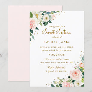 Floral Blush Pink Gold Sweet Sixteen Einladung