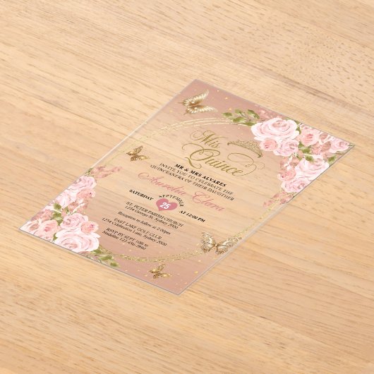 Floral Blush Pink Gold Tiara Butterfly Quinceañera Acryleinladungen (Ablage )