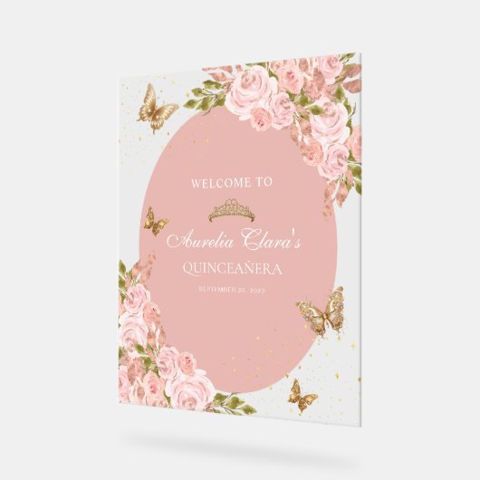 Floral Blush Pink Gold Tiara Butterfly Quinceañera Acrylschild (Winkel)