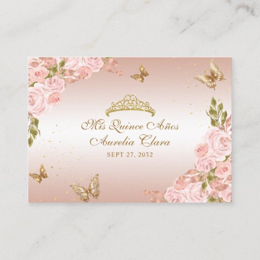 Floral Blush Pink Gold Tiara Butterfly Quinceañera Begleitkarte (Rückseite)