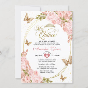 Floral Blush Pink Gold Tiara Butterfly Quinceañera Einladung